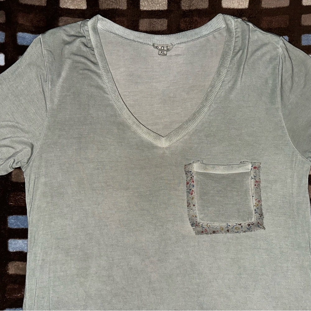 POL Sage green V-Neck Tee with Floral Pocket